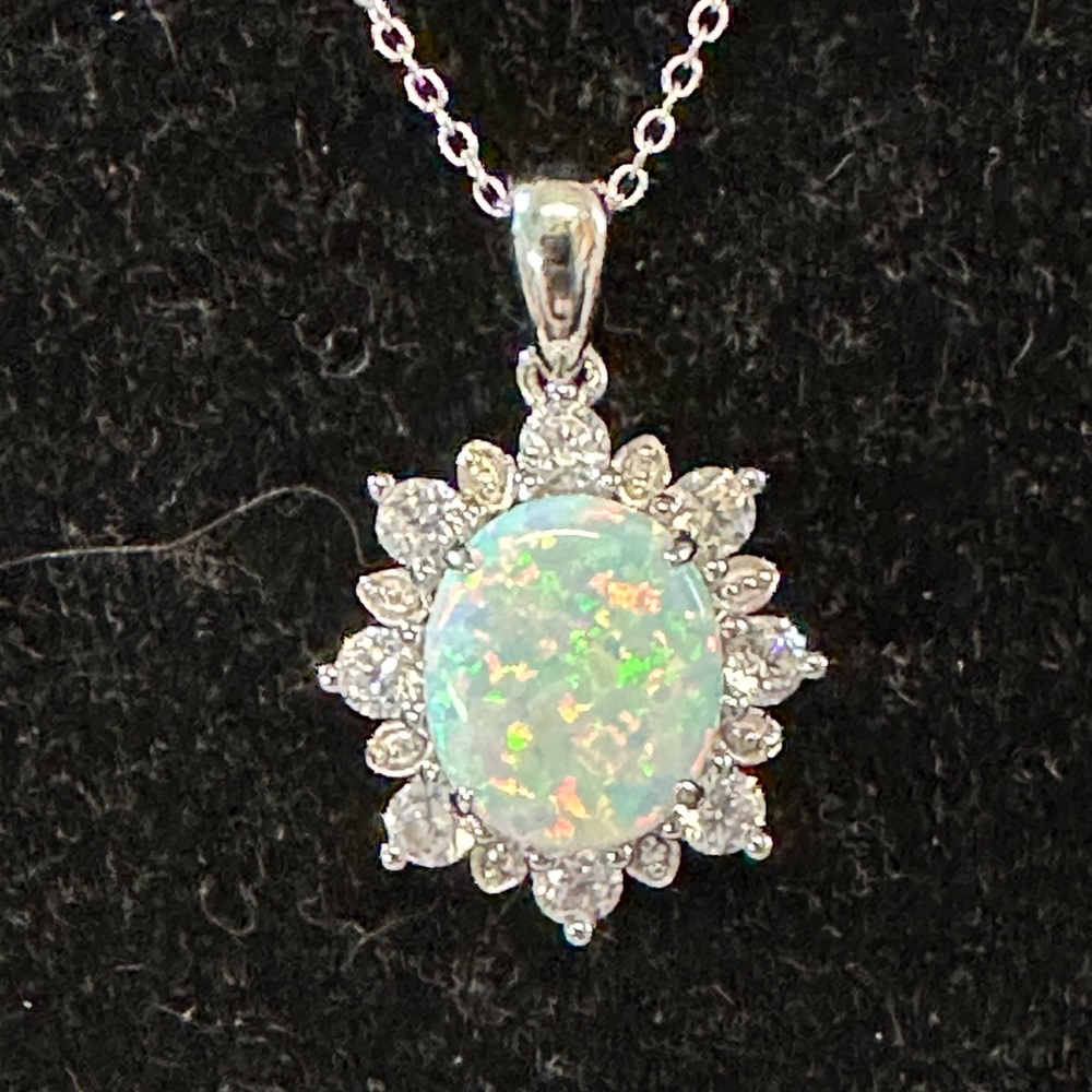 Sterling Silver Simulated Opal and CZ Necklace